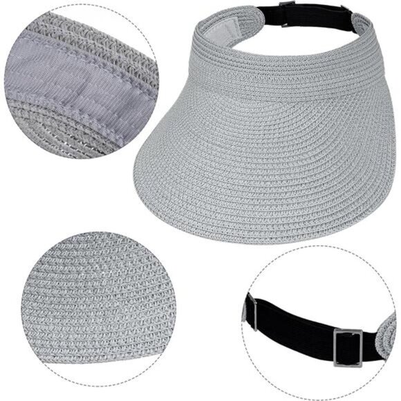 Gray Wide Brim Straw Sun Visor Hat – Packable Straw Visor with Adjustable Fit - Picture 3 of 8